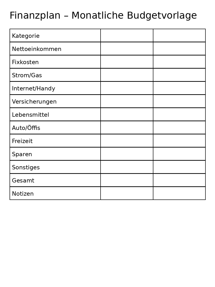 Finanzplan – monatliche Budgetvorlage